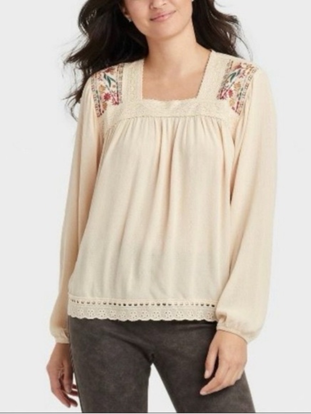 Knox Rose Cream Embroidered Square Neck Blouse